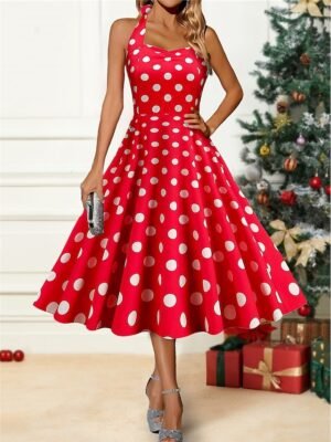 Party Fitted Polka Dot Halter Neck Sleeveless Midi Dress - Image 2