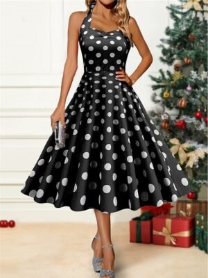 Party Fitted Polka Dot Halter Neck Sleeveless Midi Dress - Image 4