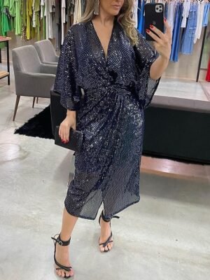 Party Fitted Sequin V Neck 3/4 Sleeve Midi Dress - Image 1