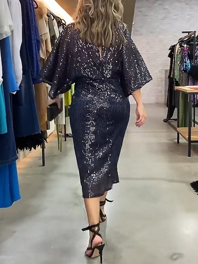 Party Fitted Sequin V Neck 3/4 Sleeve Midi Dress - Image 2