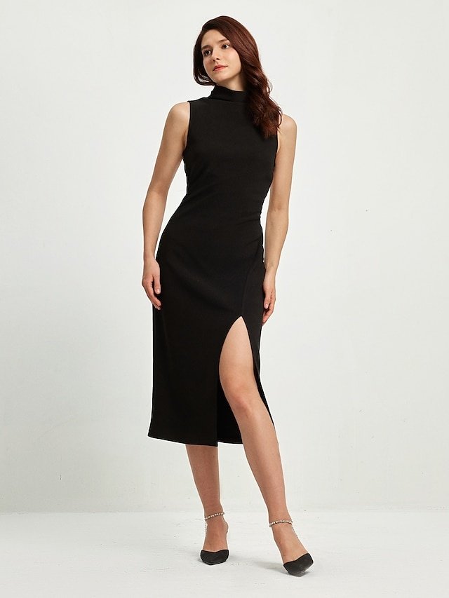 Party Fitted Solid High Neck Sleeveless High Slit Midi Dress - Image 1