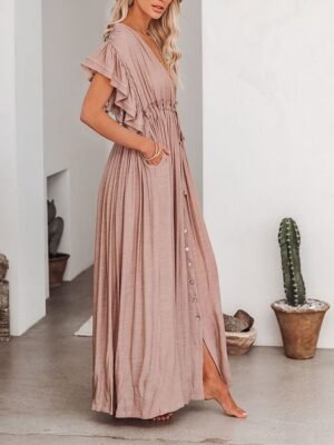Party Loose Pure Colour V Neck Short Sleeve Maxi Dress - Image 11