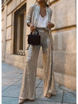 Party Loose Sequins Full Length Wide Leg Trousers - Image 1