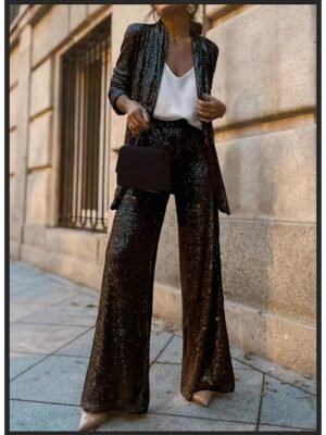 Party Loose Sequins Full Length Wide Leg Trousers - Image 3