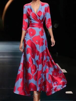 Party Regular Fit Graphic V Neck Long Sleeve Maxi Dress - Image 2
