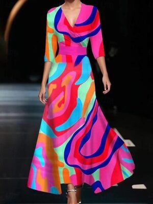 Party Regular Fit Graphic V Neck Long Sleeve Maxi Dress - Image 3