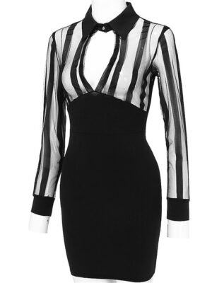 Party Regular Fit Plain Stand Collar Long Sleeve Mini Dress - Image 5