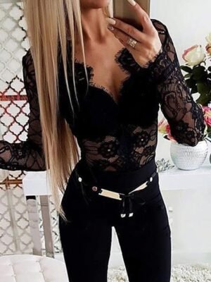 Party Regular Plain V Neck Lace Long Sleeve Bodysuit - Image 4