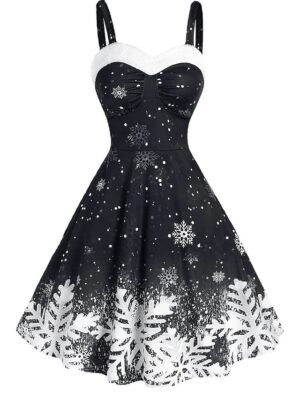 Party Slip Snowflake Print Strap Sleeveless Midi Dress - Image 10