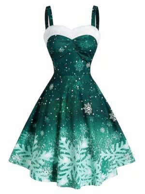 Party Slip Snowflake Print Strap Sleeveless Midi Dress - Image 9