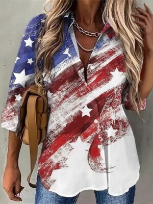 Patriotic Regular USA Flag Button Print Shirt Collar Long Sleeve Casual Shirt - Image 1