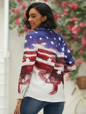 Patriotic Regular USA Flag Button Print Shirt Collar Long Sleeve Casual Shirt - Image 3
