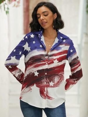 Patriotic Regular USA Flag Button Print Shirt Collar Long Sleeve Casual Shirt - Image 5