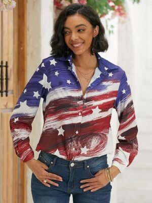 Patriotic Regular USA Flag Button Print Shirt Collar Long Sleeve Casual Shirt - Image 6