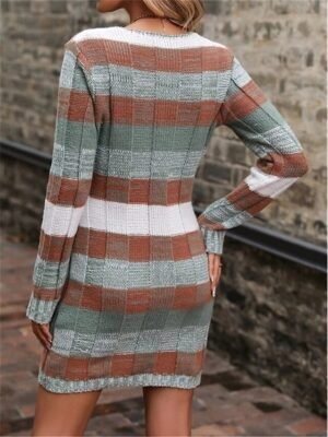 Plaid Maxi V Neck Long Sleeve Spring Fall Dress - Image 2