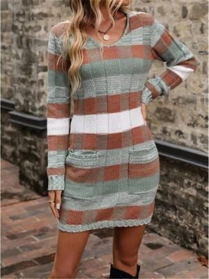 Plaid Maxi V Neck Long Sleeve Spring Fall Dress - Image 5