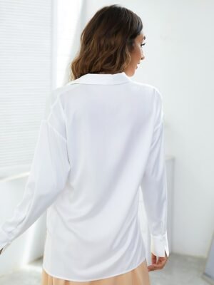 Plain Regular Shirt Collar Long Sleeve Silk Like Satin Blouse - Image 8