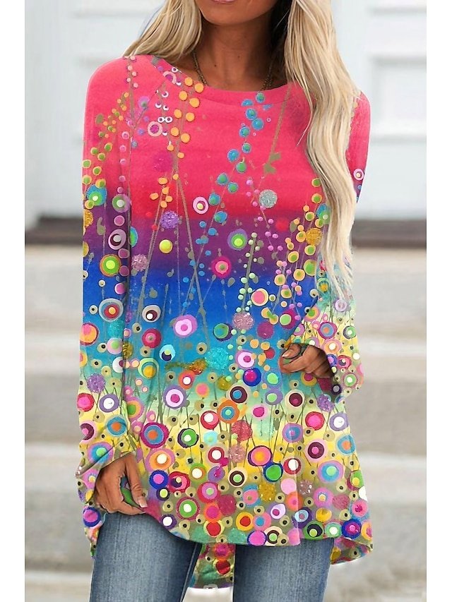Plus Size 3D Floral Graphic Round Neck Long Sleeve Tunic - Image 1