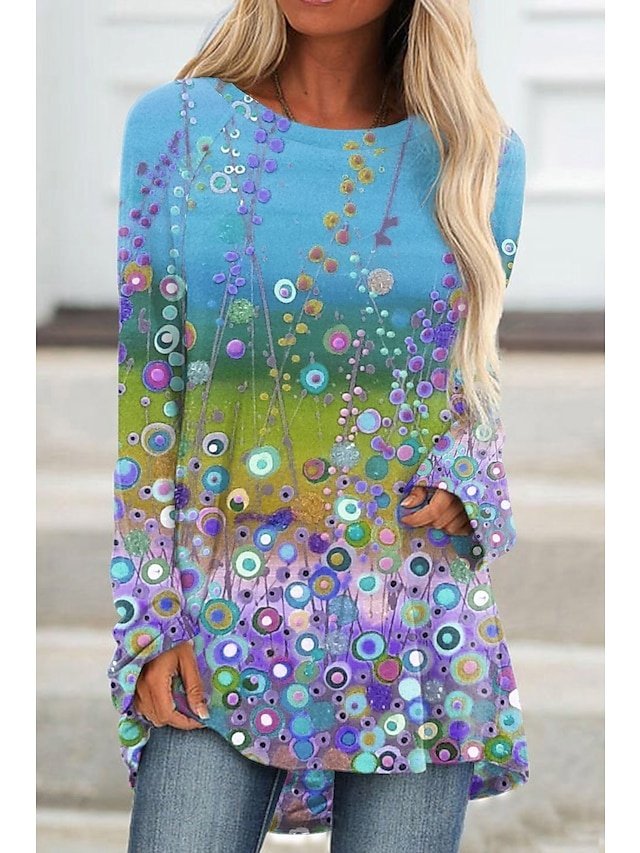 Plus Size 3D Floral Graphic Round Neck Long Sleeve Tunic - Image 2
