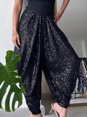 Punk Loose Solid High Waist Sequin Full Length Trousers - Image 3