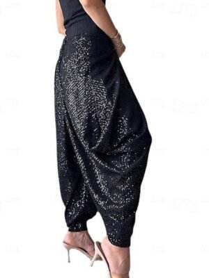 Punk Loose Solid High Waist Sequin Full Length Trousers - Image 4