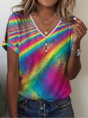 Rainbow Regular Print V Neck Short Sleeve T Shirt - Image 1