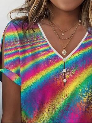 Rainbow Regular Print V Neck Short Sleeve T Shirt - Image 2