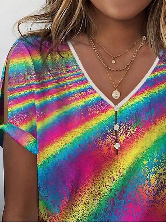 Rainbow Regular Print V Neck Short Sleeve T Shirt - Image 2