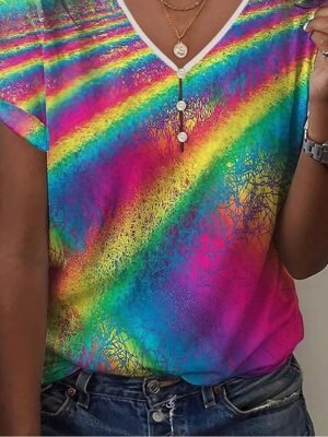 Rainbow Regular Print V Neck Short Sleeve T Shirt - Image 3