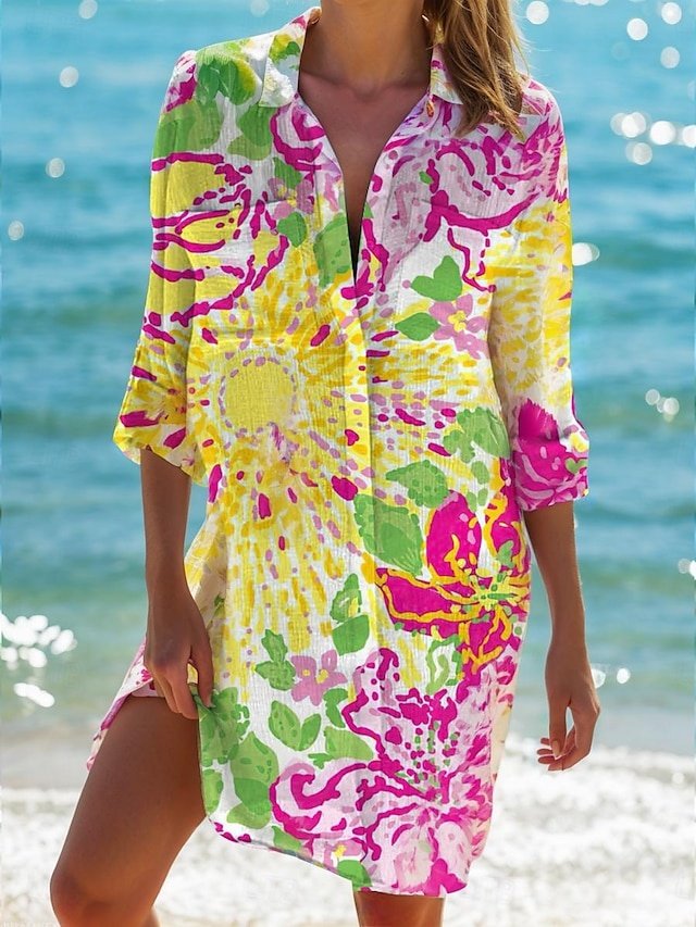 Resort Loose Marine Print V Neck Long Sleeve Midi Cover-Up - Image 2
