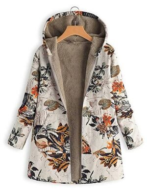 Retro Loose Fit Trees V Neck Long Sleeve Warm Sherpa Coat - Image 3