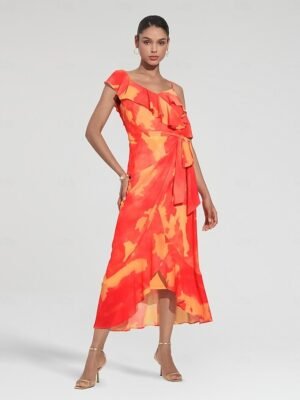Romantic Asymmetrical Peplum Ruffle Cold Shoulder Midi Dress - Image 1