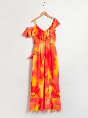 Romantic Asymmetrical Peplum Ruffle Cold Shoulder Midi Dress - Image 10