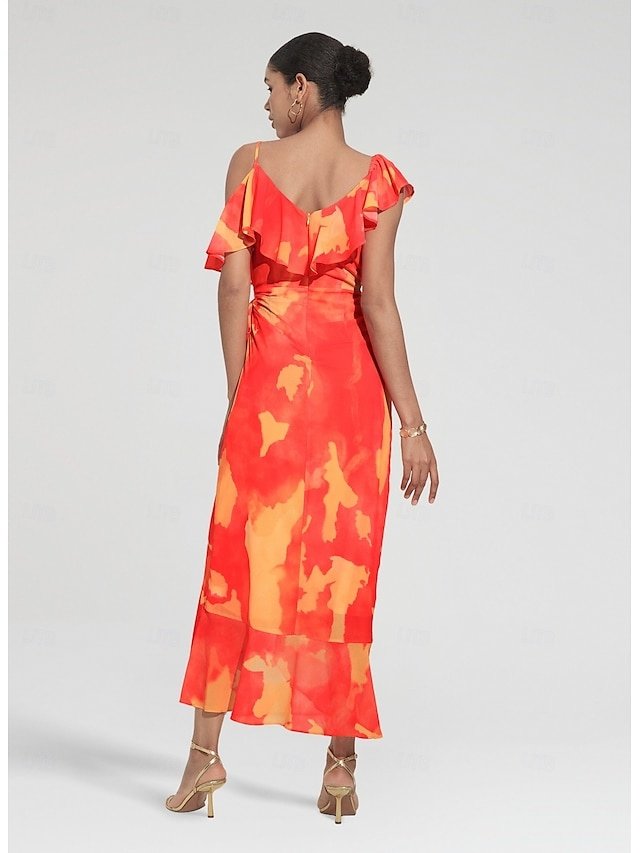 Romantic Asymmetrical Peplum Ruffle Cold Shoulder Midi Dress - Image 2