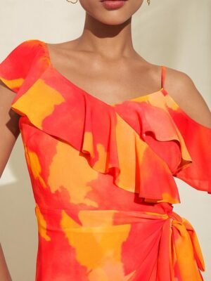 Romantic Asymmetrical Peplum Ruffle Cold Shoulder Midi Dress - Image 3