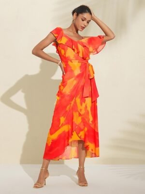 Romantic Asymmetrical Peplum Ruffle Cold Shoulder Midi Dress - Image 4