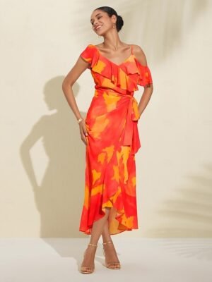 Romantic Asymmetrical Peplum Ruffle Cold Shoulder Midi Dress - Image 5
