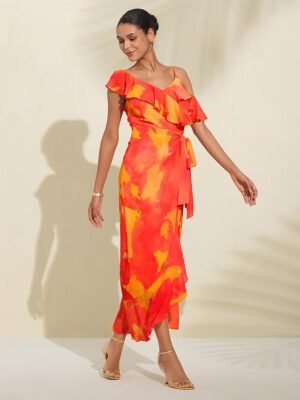 Romantic Asymmetrical Peplum Ruffle Cold Shoulder Midi Dress - Image 6