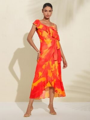 Romantic Asymmetrical Peplum Ruffle Cold Shoulder Midi Dress - Image 7