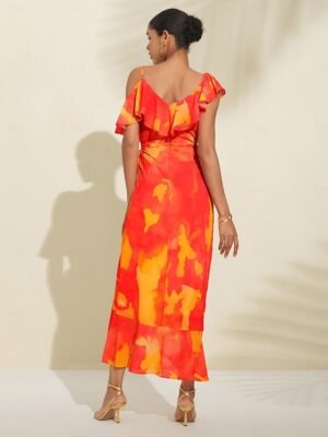 Romantic Asymmetrical Peplum Ruffle Cold Shoulder Midi Dress - Image 8