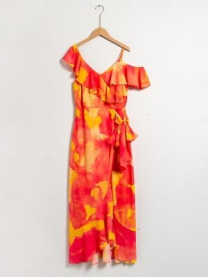 Romantic Asymmetrical Peplum Ruffle Cold Shoulder Midi Dress - Image 9