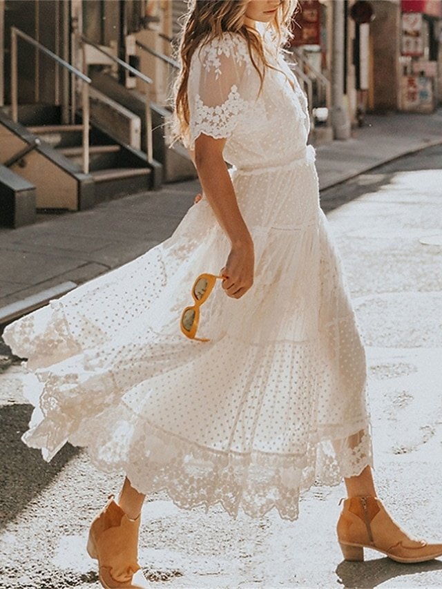 Romantic Regular Fit Lace V Neck Short Sleeve Maxi Dress - Image 1