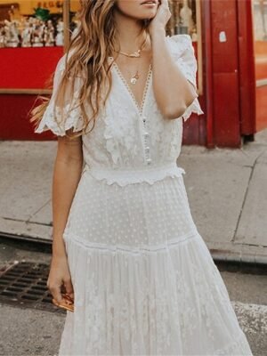 Romantic Regular Fit Lace V Neck Short Sleeve Maxi Dress - Image 3