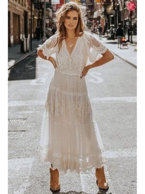 Romantic Regular Fit Lace V Neck Short Sleeve Maxi Dress - Image 4