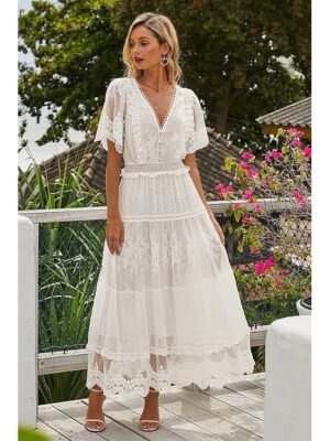Romantic Regular Fit Lace V Neck Short Sleeve Maxi Dress - Image 5