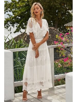 Romantic Regular Fit Lace V Neck Short Sleeve Maxi Dress - Image 6