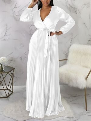 Romantic Regular Fit Pleated V Neck Long Sleeve Maxi Dress - Image 2