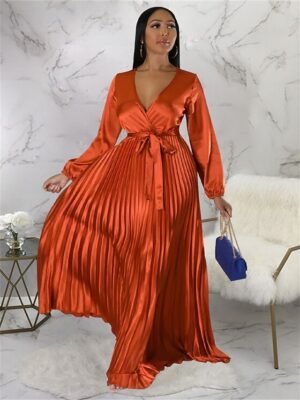 Romantic Regular Fit Pleated V Neck Long Sleeve Maxi Dress - Image 4