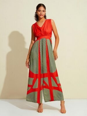 Satin Striped V Neck Sleeveless Jumpsuit - Image 5