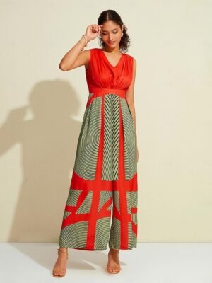 Satin Striped V Neck Sleeveless Jumpsuit - Image 6